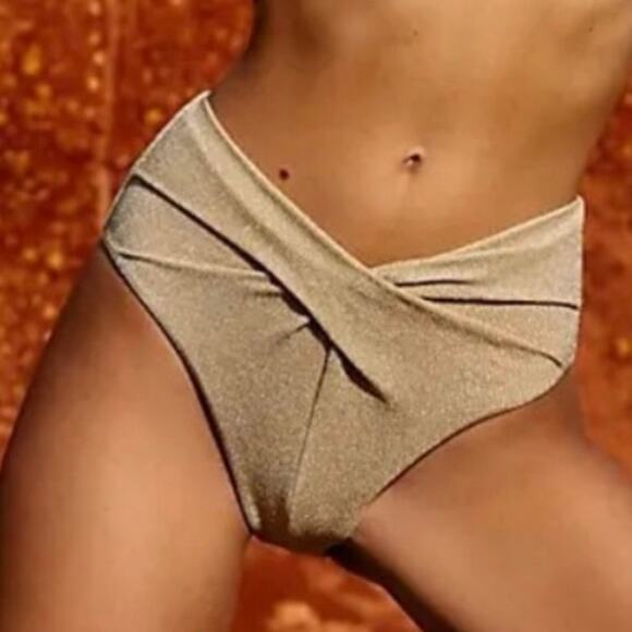 Free People Beach Riot Zurie Gild Shimmer Twist High Waist Bikini Bottom Small - Picture 1 of 8